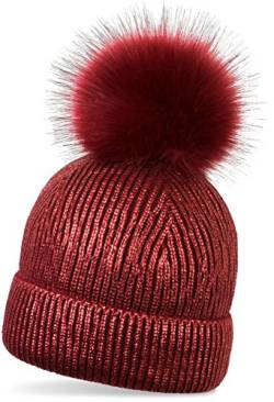 styleBREAKER warme Metallic Strick Bommelmütze mit abnehmbarem Kunstfell Bommel, Winter Fellbommel Mütze, Damen 04024138, Farbe:Bordeaux-Rot von styleBREAKER