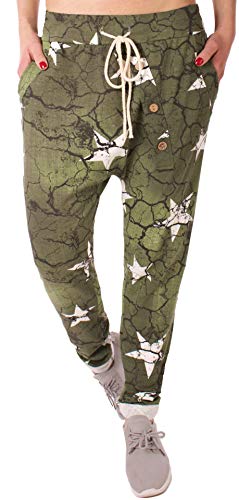 stylx Damen Jogginghose Größe 36-50 Sweatpants Sterne Boyfriend Ali Baba Style Anker Camouflage Uni Farben (Destroyed Stern Khaki, 40-42) von stylx