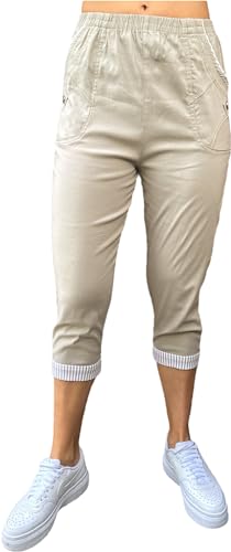 stylx Damen lässige 7/8 Sommer Schlupfhose zum Krempeln Hose Capri Jeans,Stretch, Gummizug, Knopfverzierungen,gerader Schnitt gestreift (DE/NL/SE/PL, Numerisch, 42, 44, Regular, Regular, beige) von stylx