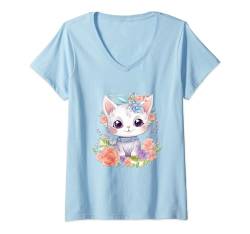 Damen Baby Katze mit Blumen süße Katzen Kätzchen Mädchen Tochter T-Shirt mit V-Ausschnitt von süßes farbenfrohe Katzen Liebhaber Outfits