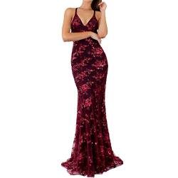 Damen Abendkleid mit Pailletten, Meerjungfrau, sexy V-Ausschnitt, Sphagetti-Träger, Pailletten-Partykleid, glitzerndes, rückenfreies, formelles, Bodenlanges Abschlussball-Partykleid von sujinxiu