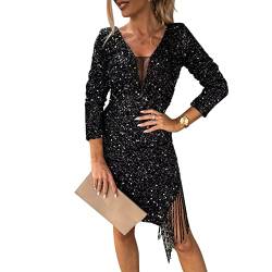 Damen Pailletten Fransen Langarm Kleid Sexy Tiefer V-Ausschnitt Shinny Pailletten Figurbetontes Kleid Fashion Sparkle Cocktail Party Club Wickelkleid von sujinxiu