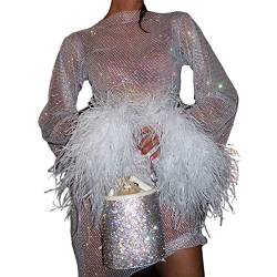 Damen Sexy Mesh Sheer Feather Sleeve Minikleid Fashion Sheer Feather Long Sleeve Dress Glitter Beach Club Party Dress Cover Ups Outfit von sujinxiu