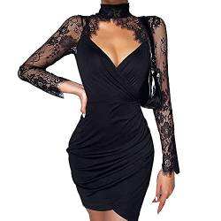 Damen Sexy Polka Dots Mesh Kleid Langarm Cut Out Sheer Lace Wickelhüfte Minikleid für Club Abend （Schwarz） von sujinxiu