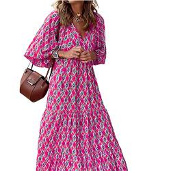 Damen Sommer Casual Boho Maxikleid V-Ausschnitt Blumendruck Puff Kurzarm Kleid Hohe Taille A-Linie Flowy Midi Strandkleider Beachwear Streetwear von sujinxiu