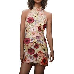 sujinxiu Damen 3D-Besticktes Blumen-Minikleid, sexy Neckholder/quadratischer Ausschnitt, mit Blumen Besticktes, ärmelloses, kurzes Kleid, Club, Party, Streetwear von sujinxiu