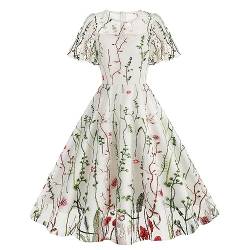 sujinxiu Damen-Kleid mit Blumenstickerei, kurzärmelig/ärmellos, Blumen-Spitzenkleid, Elegantes Vintage-Kleid mit Netz-Blumenstickerei für Cocktailabende, Hochzeiten, Partys von sujinxiu