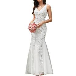 sujinxiu Damen-Paillettenkleid, sexy Doppel-V-Ausschnitt, ärmelloses Pailletten-Langkleid, Elegantes, mit Stickerei bedrucktes Pailletten-Tüll-Abschlussballkleid, Abendpartykleid von sujinxiu