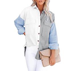 sujinxiu Damen Patchwork Cordhemd Shacket Karierte Hemden Jacke Button Down Langarm Oversized Blusen mit Tasche von sujinxiu