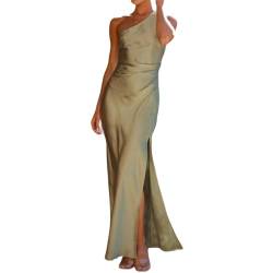 sujinxiu Damen Sexy Satin One Shoulder Maxikleid Satin High Split Ärmellos Langes Kleid Hochzeitsgast Maxi Figurbetontes Kleid für Party Club Cocktail von sujinxiu