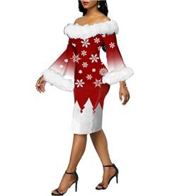 sujinxiu Frauen Schulterfreies Weihnachtskleid Sexy Pelzkragen bedrucktes Kleid Weihnachten Schneeflocke/Weihnachtsbaum bedrucktes Langarmkleid für Party Nachtclub Abend von sujinxiu