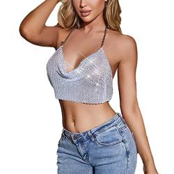 sujinxiu Frauen Sexy Shiny Strass Crop Top Tiefem V-Ausschnitt Halfter Metallkette Tank Top Nachtclub Party Streetwear Outfit Top von sujinxiu