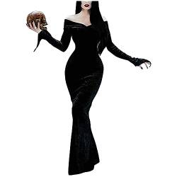 sujinxiu Motica Addams Cosplay Kostüm Full Sets Schwarze Kleider Langarm Maxi Party Halloween Outfits für Frauen Mädchen von sujinxiu