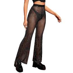 sujinxiu Transparente Schlaghose für Damen mit Glitzer, lange Netzhose mit Pailletten, elastischem Bund, glitzernde, durchsichtige, lange Club-Schlaghose für Festival, Tanz, Clubwear von sujinxiu