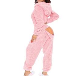 sunongvt Damen Sexy Onesie Pyjamas Butt Button Back Flap Jumpsuit Sherpa Strampler Nachtwäsche One Piece Zipper Bodycon Cute Ear Hood,Rosa,M von sunongvt