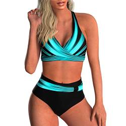 sunongvt Sexy Damen Bademode Bikini 2 Stück Normaler Badeanzug Hohe Taille Gestreifte Badeanzüge Sport Urlaub,Light blue01,3XL von sunongvt