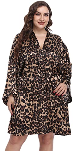 Damen Plus Size Satin Kimono Bademantel Kurz Seide Bademantel Brautjungfer Hochzeit Party Nachthemd Nachtwäsche, Leopard, 4X von sunshinemall