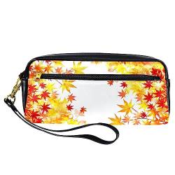 Kleine Make-up-Tasche für Frauen,Leder-Make-up-Tasche,Reise-Kosmetiktasche,Ahorn-Herbst-Vintage-Blätter Drucken von suojapuku