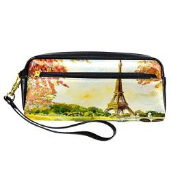 Kleine Make-up-Tasche für Frauen,Leder-Make-up-Tasche,Reise-Kosmetiktasche,Herbst Paris Eiffelturm Drucken von suojapuku