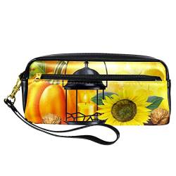 Kleine Make-up-Tasche für Frauen,Leder-Make-up-Tasche,Reise-Kosmetiktasche,Herbst Sonnenblume Kürbisc Drucken von suojapuku