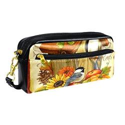 Kleine Make-up-Tasche für Frauen,Leder-Make-up-Tasche,Reise-Kosmetiktasche,Herbstvögel begrüßen Hausblume Drucken von suojapuku