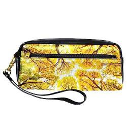Kleine Make-up-Tasche für Frauen,Leder-Make-up-Tasche,Reise-Kosmetiktasche,Waldgrüne Bäume gelb Drucken von suojapuku
