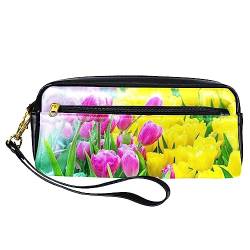 Kleine Make-up-Tasche für Frauen,Leder-Make-up-Tasche,Reise-Kosmetiktasche,rosa gelbe Tulpenblume Drucken von suojapuku