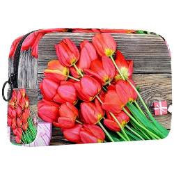 Kleine Schminktasche für Damen,Schminktasche, Reisekosmetiktasche,Tulpen auf Holzbrettern Drucken von suojapuku