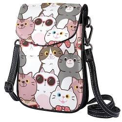 Kleine Umhängetasche für Damen,Cartoon lustige Katzen,Messenger-Schulterhandtasche aus PU-Leder von suojapuku