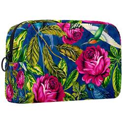 Kosmetiktasche,tragbare Reise-Make-up-Tasche für Damen,Kolibri, Papageien, Dschungelblume,Kosmetikkoffer-Organizer mit Reißverschluss von suojapuku