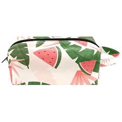 Make-up-Tasche für Frauen,Leder-Kosmetiktasche,Reise-Make-up-Tasche,Tropische Blätter der Wassermelone Drucken von suojapuku