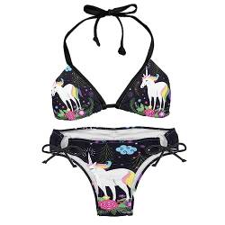 suojapuku Bikini Set für Damen,Zweiteiliger Badeanzug,Blumenschneeflockenbaum und Einhorn,Damen Bikini Sets von suojapuku