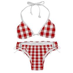 suojapuku Damen Triangel Bikini Badeanzug,rosa Kariertes rotes Karo,Badeanzug-Set mit Raffhalter von suojapuku