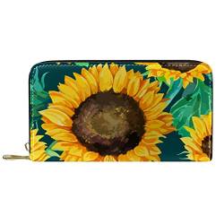 suojapuku Echtes Leder-Portemonnaie für Männer, große Damen-Geldbörse für Karten,gelbe Sonnenblumen, grüne Blätter,Münzbeutel mit Reißverschluss von suojapuku