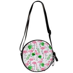 suojapuku Kleine Umhängetaschen für Damen,runde Umhängetasche,Flamingo mit tropischen Blättern,Handytaschen Handtaschen von suojapuku