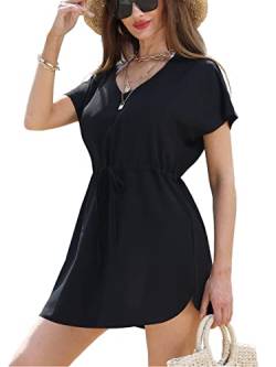 sy soul young Strandkleid Damen Bikini Cover Up Sommer V Ausschnitt Strandponcho Strandurlaub Badeanzug Kurzarm Coverup Freizeitkleider(L,Schwarz) von sy soul young