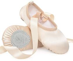 Ballettschuhe Rosa Ballettschläppchen Satin mit Band Tanzschuhe Geteilte Ledersohle für Mädchen Kinder Damen,Hell Beige EU 30 von tanzdunsje