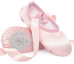 Ballettschuhe Rosa Ballettschläppchen Satin mit Band Tanzschuhe Geteilte Ledersohle für Mädchen Kinder Damen,Rosa EU 31 von tanzdunsje