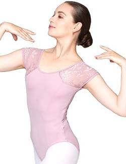 tanzmuster Ballett Trikot Damen Kurzarm - Maike - BH-Pad-Einschub - geblümte Spitze - malve 36 - rosa Tanz Body - Ballettkleidung für Erwachsene von tanzmuster