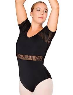 tanzmuster Ballett Trikot Damen Kurzarm - Malin - BH-Pad-Einschub - geblümte Spitze - schwarz 36 - schwarzer Tanz Body - Ballettkleidung für Erwachsene von tanzmuster