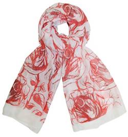 thb Richter Damen Langer Schal mit Blumen Rose Rosen-Muster Tücher Schals Halstuch (Weiß - Rot) von thb Richter