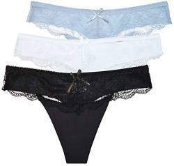 thb Richter Damen Unterhosen String Slips mit Lace Spitzen Stretch Elastisch Spurlos Höschen Tanga Thong Niedrige Bundhöhe Einfarbig Frauen Mädchen (3er-Set (Schwarz-Weiß-Hellblau), s) von thb Richter