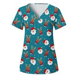 thuthu Weihnachten Kasacks Damen Pflege Bunt Motiv Kittel Berufskleidung Kurzarm V-Ausschnitt Krankenschwester Kostüm Mit Taschen Laborkittel Berufsbekleidung - Kasack - Tunika, #A3-blau, XL von thuthu