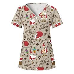 thuthu Weihnachten Kasacks Damen Pflege Bunt Motiv Kittel Berufskleidung Kurzarm V-Ausschnitt Krankenschwester Kostüm Mit Taschen Laborkittel Berufsbekleidung-Kasack-Tunika, #A3-khaki, XL von thuthu