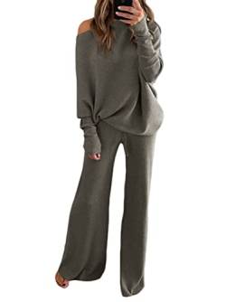 ticticlily 2teiler Strickanzug Damen Set Strickpullover Hosen Freizeitanzug Einfarbig Casual Lose Langarmshirt Pullover Hose Gestrickt Loungewear Pyjamas A Grau XXL von ticticlily