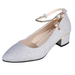 ticticlily Ballerinas Damen Pumps mit Riemen Blockabsatz Elegant Flats Schuhe A Silber 39 EU von ticticlily