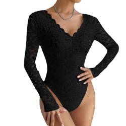 ticticlily Body Damen Sexy Spitze Langarm Kuzarm Bodysuit Elegant Casual Bodycon V-Ausschnitts Oberteile Bluse Tops Jumpsuit Eng Transparente Ärmel Einteiler Overall A1 Schwarz XS von ticticlily