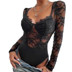 ticticlily Body Damen Sexy Spitze Langarm Kuzarm Bodysuit Elegant Casual Bodycon V-Ausschnitts Oberteile Bluse Tops Jumpsuit Eng Transparente Ärmel Einteiler Overall A3 Schwarz XS von ticticlily