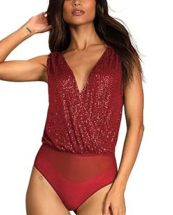 ticticlily Bodys für Damen, Body Ärmellos Langarm V-Ausschnitts Rundhals Bodysuit Sexy Elegant Glänzende Slim Fit Jumpsuit Einteiler Overall Oberteil Top Leotard Kostüme A Rot M von ticticlily