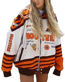 ticticlily Bomberjacke Damen College Baseball Jacke Übergangsjacke Oversized Patchwork Bedruckte Y2K Vintage Racing Langarm Regenjacke Sport Jacken Unisex Sweatjacke Uniform A14 Orange XL von ticticlily